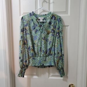Rachel Zoe Green Floral V-Neck Tassel Tie Boho Peasant blouse